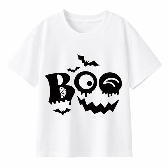 Boys' Halloween Boo Bat Pumpkin Face Graphic T-Shirt, Cute Spooky 100% Cotton Short Sleeve Shirt