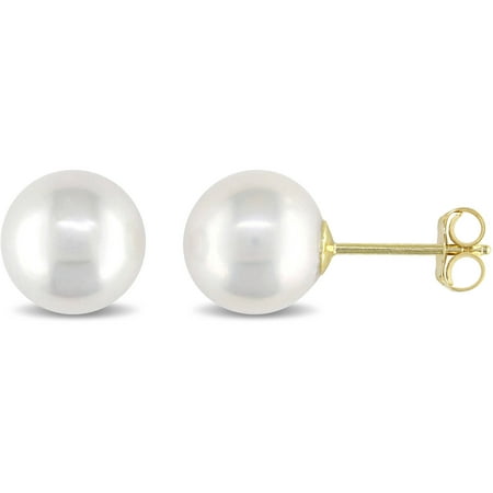 Miabella 8-8.5mm White Round Cultured Pearl 14kt Yellow Gold Stud Earrings