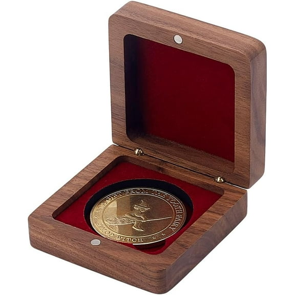 Wood Coin Display Box Challenge Medal Display Box Square Coin Storage Box Coin Presentation Display Box Holder Velvet Inside for Commemorative Coins Collection Display 2.7 inch Wood