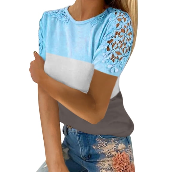 JINMGG Womens Tops Clearacne Women's Fashion Casual Printing Lace Round Neck Short Sleeve T Shirt Pullover Tops