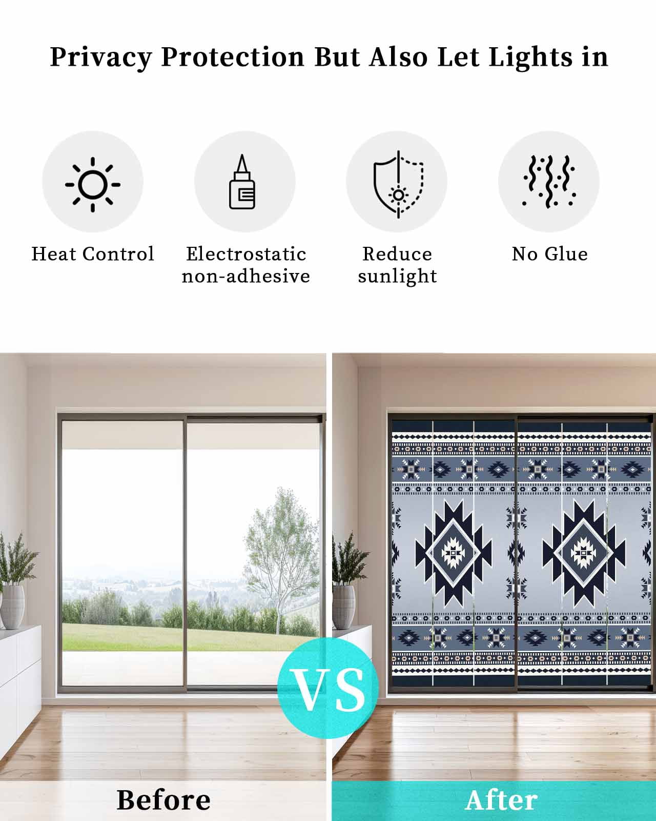 Window Privacy Film Blue Aztec Stained Glass Window Film Decorative Sun Block Window Cover Boho Southwest Farmhouse Ethnic Motifs Window Clings Static Adhesive Sticker for Bathroom 23.6"x59"