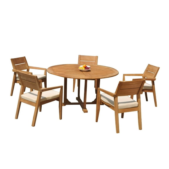 Grade-A Teak Dining Set: 5 Seater 6 Pc: 60" Round Table And 5 Vellore Stacking Arm Chairs Outdoor Patio WholesaleTeak #51VL1206