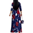thumbnail image 3 of Women's V Neck 3/4 Sleeve African Floral Printed Party Loose Long Maxi Dress with Belt Chic Curvy Elegant Outwear Vestidos, 3 of 4