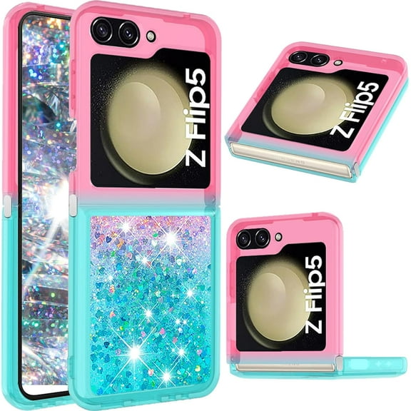 Glitter Case for Samsung Galaxy Z Flip 5 for Women Girls, Bling Sparkle Colorful Gradient Quicksand Waterfall Soft TPU Liquid Case Cover for Samsung Galaxy Z Flip5 LSJB-Pink Green