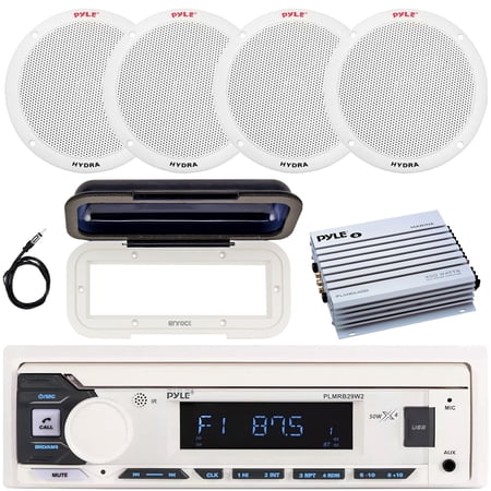 Pyle PLMRB29W2 Single DIN Marine Bluetooth USB/AUX MP3 Player AM/FM Radio In-Dash Stereo White Receiver w/White Cover 4x 6.5 400 Watt Max Dual Cone White Boat Speakers 4 Channel Amplifier Antenna