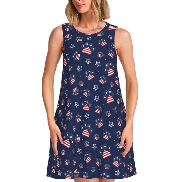 Fotbe Star Dog Paw Vestido de Verano sin Mangas para Mujer – Vestido Midi Línea A, Estilo Camiseta Floral, Vestido Playero Casual y Fluido