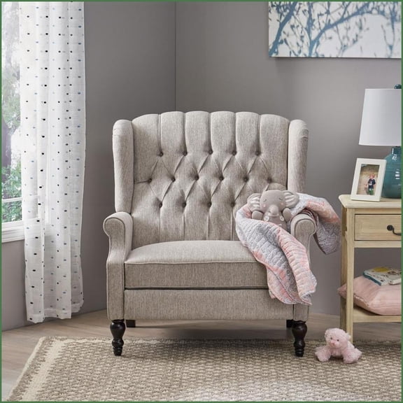 Recliner Oversized Tufted Wingback Push Back with Nailhead Trim | Light Grey Fabric