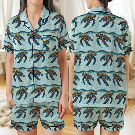 Lotusprinthandmade Sea Turtle All-over Print Satin Short-Sleeve Pajamas Set (M) sea turtle satin pajama set for women ocean animal sleepwear set