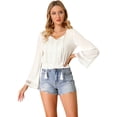 thumbnail image 1 of Allegra K Blusa recortado con dobladillo fruncido y manga de campana con cuello de lazo campesino bordado de encaje para mujer blanco M, 1 of 6