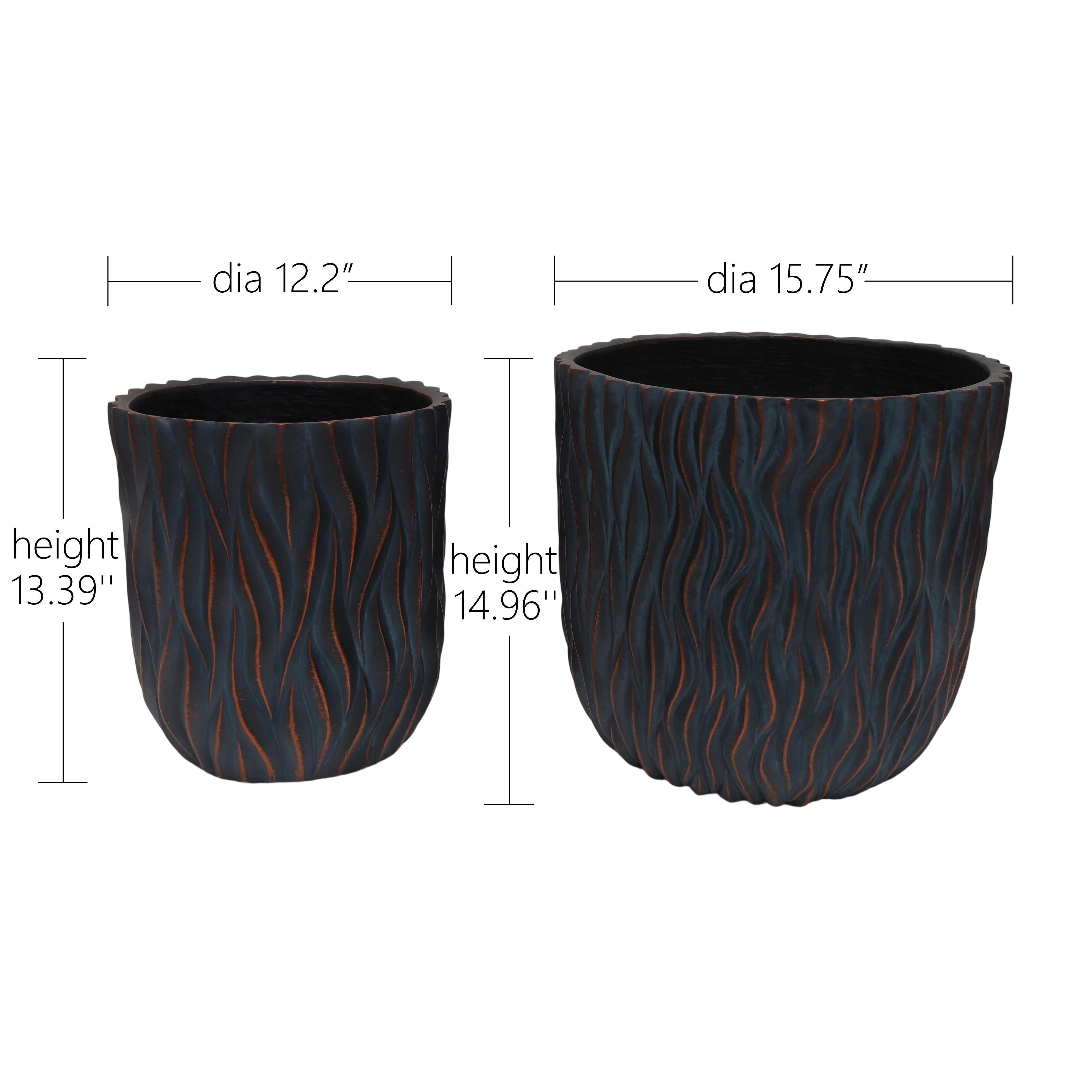 Set of 2 Round Magnesium Oxide Planters with Drainage Holes, Lightweight Concrete-Like Plant Pots for Indoor and Outdoor, Copper and Grey-Blue