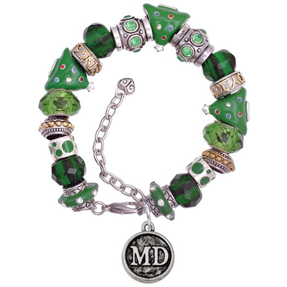 Silvertone Doctor Caduceus Seal - MD Green Christmas Bead Bracelet
