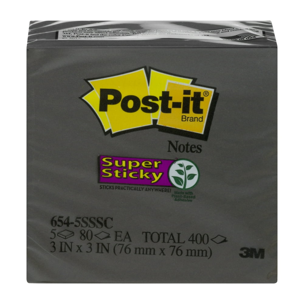 postit super sticky notes, 2x sticking power, 3 x 3inches, black, 5