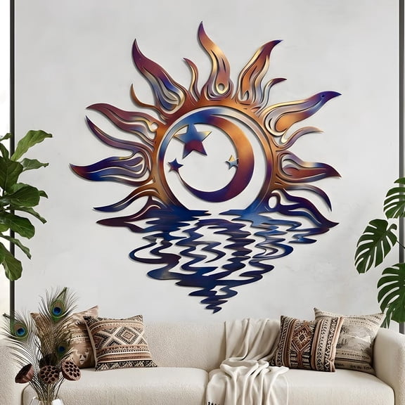 Celestial Sun Moon Metal Wall Art, Heat Colored Outdoor Garden Decor