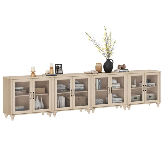 Buffet Cabinet with 8 Glass Doors, Kitchen Storage Cabinets with Adjustable Shelf, 135 inch, Beige