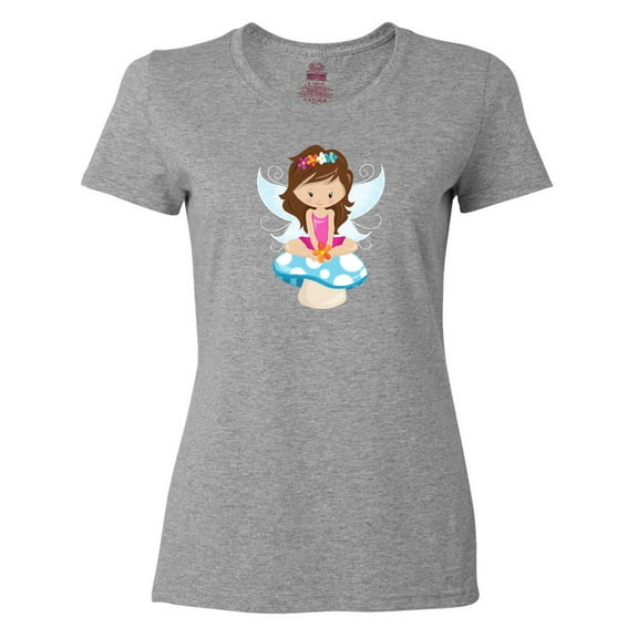 Inktastic Cute Fairy, Brown Hair, Fairy Sitting On Mushroom Women's T-Shirt