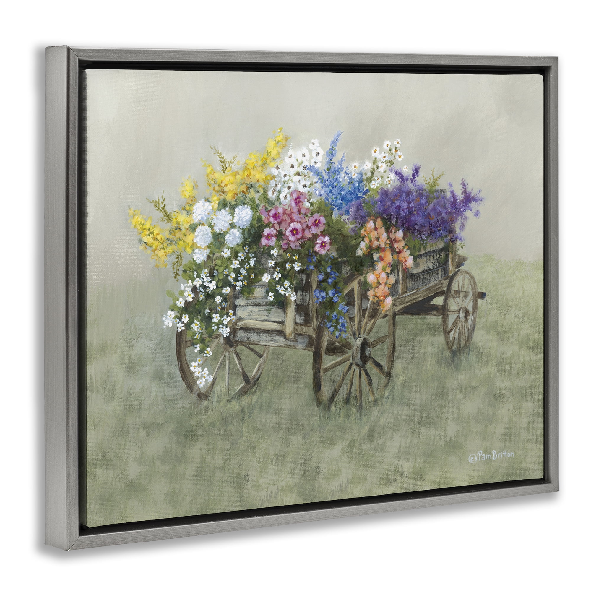 Stupell Industries Floral Filled Wagon Botanical & Floral Painting Gray Floater Framed Canvas Art Print Wall Art, 21 x 17
