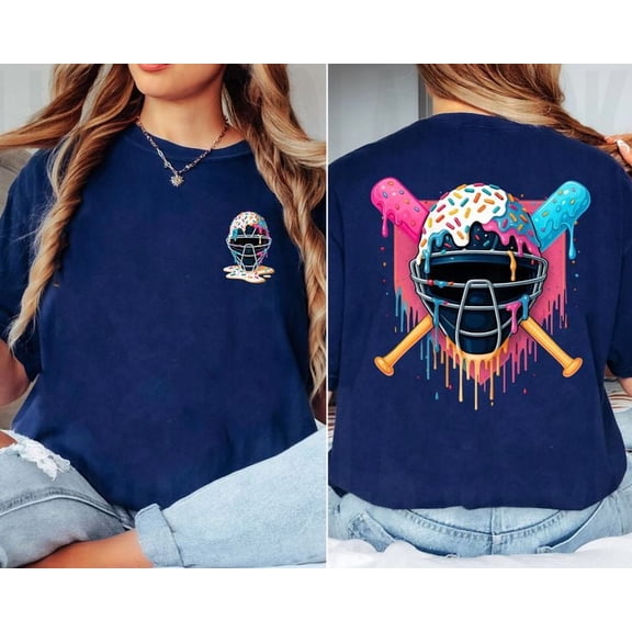 Baseball Catcher Mask Ice Cream Dripping Baseball 2 Sided T-Shirt, Men's And Women's Graphic Tee 100% Cotton by TBun, Full Sizes S-5XL