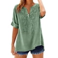 thumbnail image 3 of Lumosvexa Women Short Shirt Tops Womens Linen Plain T-Shirt V-neck Cotton T Shirt Green Size 2XL, 3 of 9
