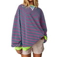thumbnail image 1 of Camisa deportiva de cuello redondo de manga larga con bloques de color a rayas de gran tamaño para mujer SCZ morado L, 1 of 4