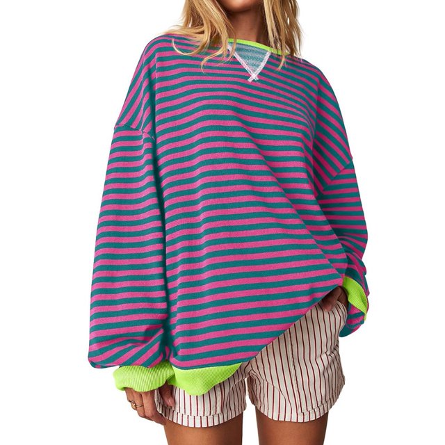 Camisa deportiva de cuello redondo de manga larga con bloques de color a rayas de gran tamaño para mujer SCZ morado L
