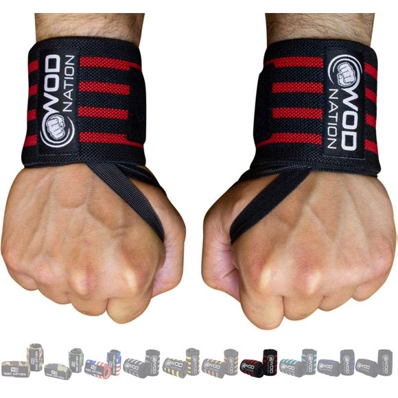 WOD Nation Wrist Wraps & Straps for Gym & Weightlifting (12 inch) - Essential Weight Lifting Wrist Wraps & Gym Wrist Straps Support for Optimal Powerlifting Performance For Women & Men - Black/Red