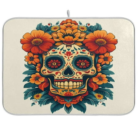 

Dish Drying Mat 18 x 24 Highly Absorbent Microfiber for Dishes Utensils Petal s Skull