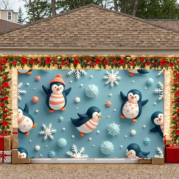 Penguin Pattern Penguin Banner Snowflake Design Winter Display Blue Background Cartoon Snowflake Backdrop for Winter Party Christmas Decoration Photo Backdrop