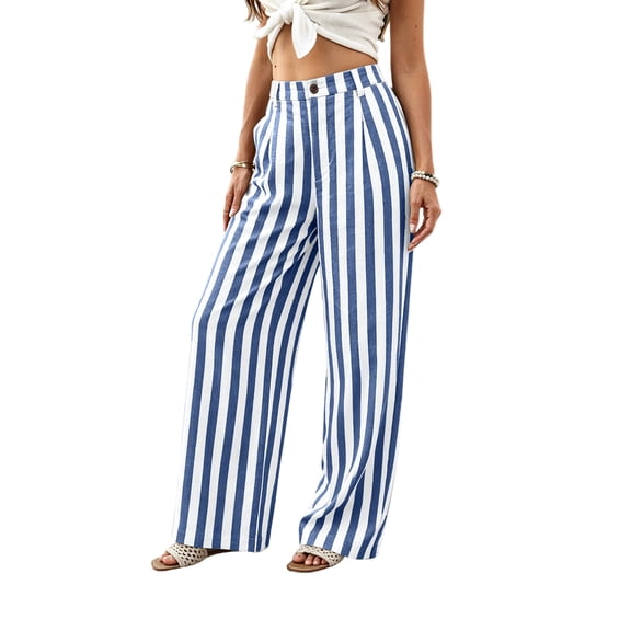 Womens Palazzo Pants 2026 Summer Linen Striped Wide Leg Trousers Elastic Waist Flowy Lounge Pant Pockets, XL