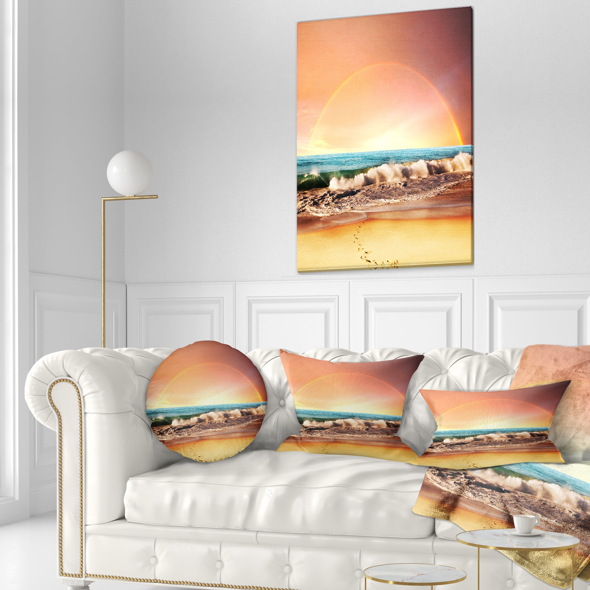 Designart Majestic Rainbow over Seashore - Landscape Wall Throw Pillow - 12x20