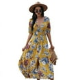 thumbnail image 3 of Women'S Summer Loose Boho Flowy Wrap V Neck Short Sleeve Floral Print Slit Beach Long Maxi Dresses Yellow XL, 3 of 9