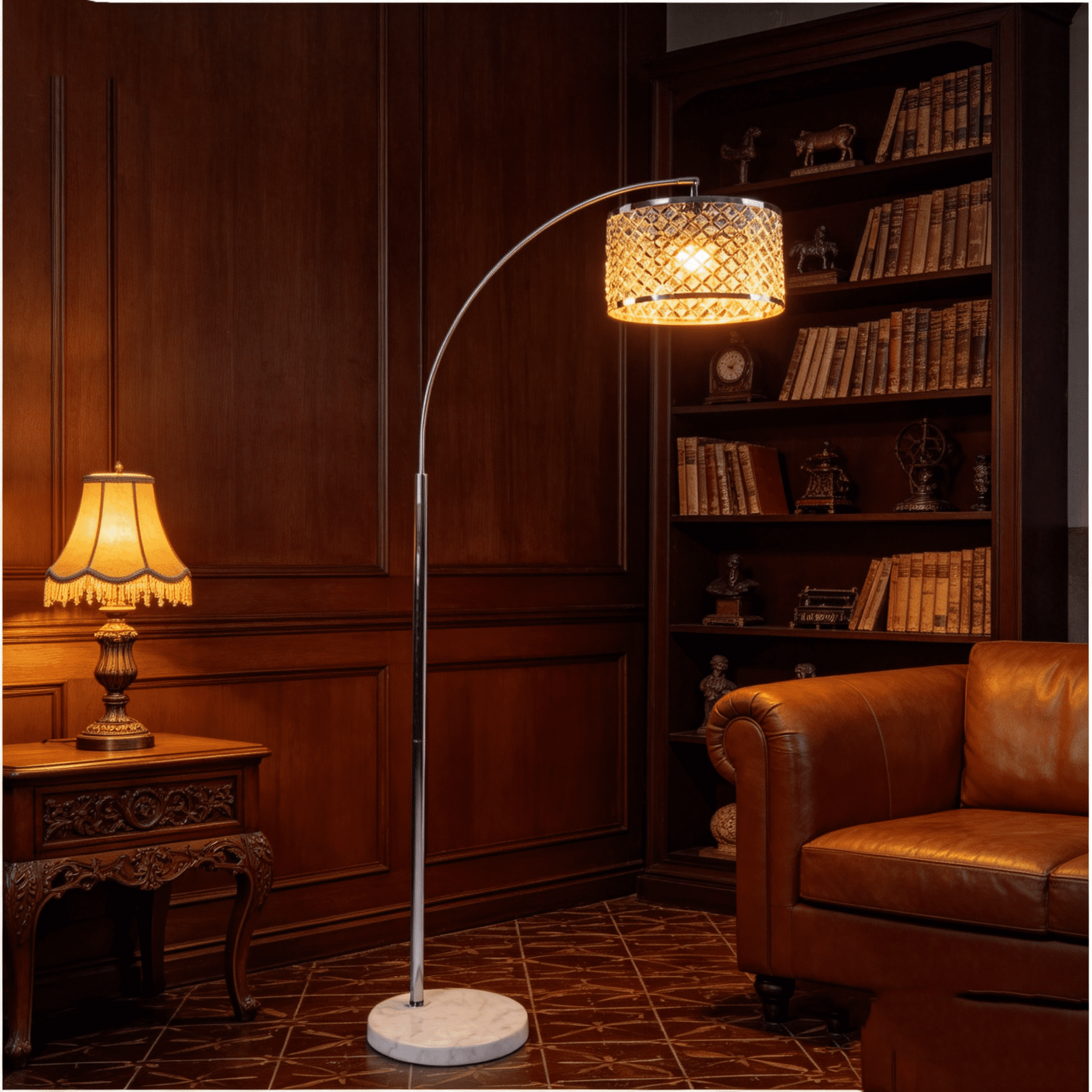 JERFIT Modern Arc Floor Lamp with Crystal Shade, Silver Finish, Marble Base for Living Room, Bedroom Ambient Lighting