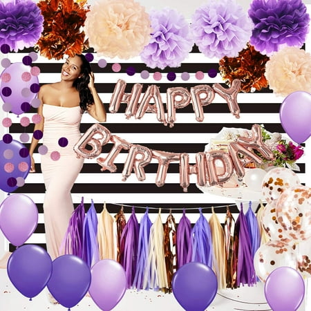 Purple Birthday Decorations For Women Rose Gold Happy Balloons Confetti White Black Strip Fabric Photography Backdrop S 40th 50th 60th 70th Decoration Canada - Purple And Gold Party Decoration Ideas Purple Birthday Decorations For Women Rose Gold Happy Balloons Confetti White Black Strip Fabric Photography Backdrop S 40th 50th 60th 70th Decoration Canada - Purple And Gold Party Decoration Ideas