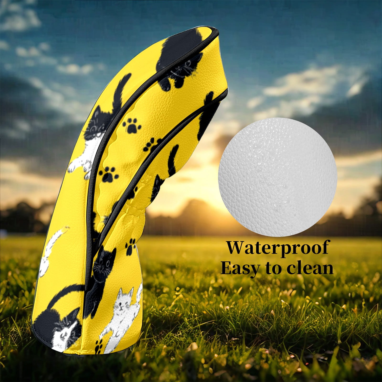 Golf Head Covers for Woods and Driver Waterproof Leather Golf Club Head Covers for Women Men Golf Driver Fairway Wood Headcover Black-White Cat & Paw Pattern