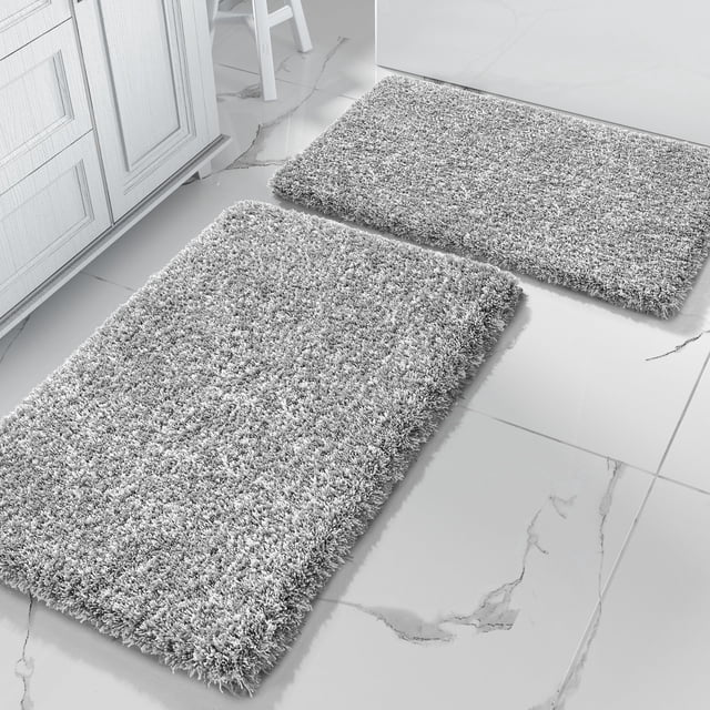 Set de alfombras de baño Yimobra Fluffy, gris claro y blanco, 60 x 43+80 x 50 cm