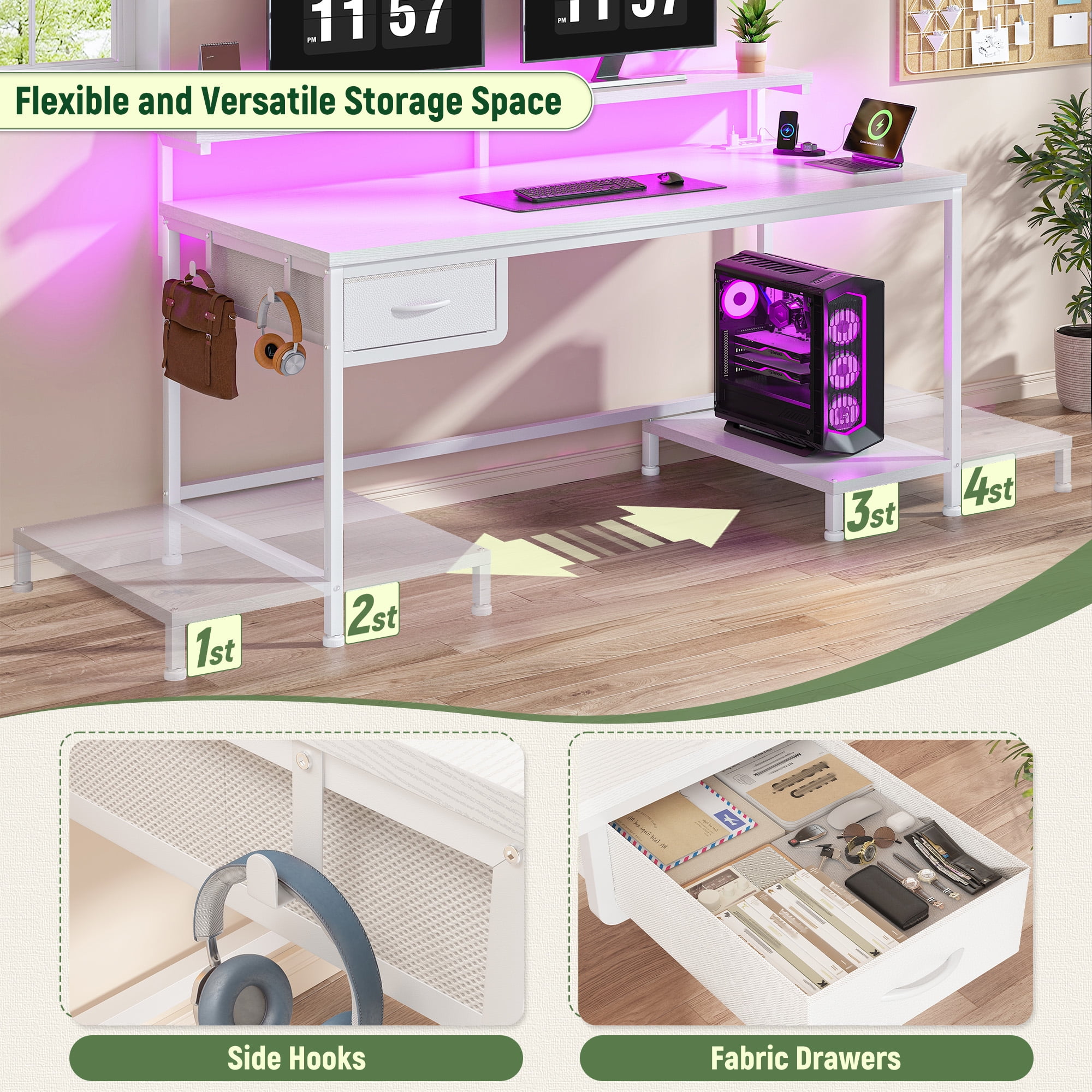 Romorgniz White Computer Desk with Power Outlet & Fabric Drawer, Home Office Desk with LED Lights, Adjustable Monitor Stand & CPU Holder for Small Spaces