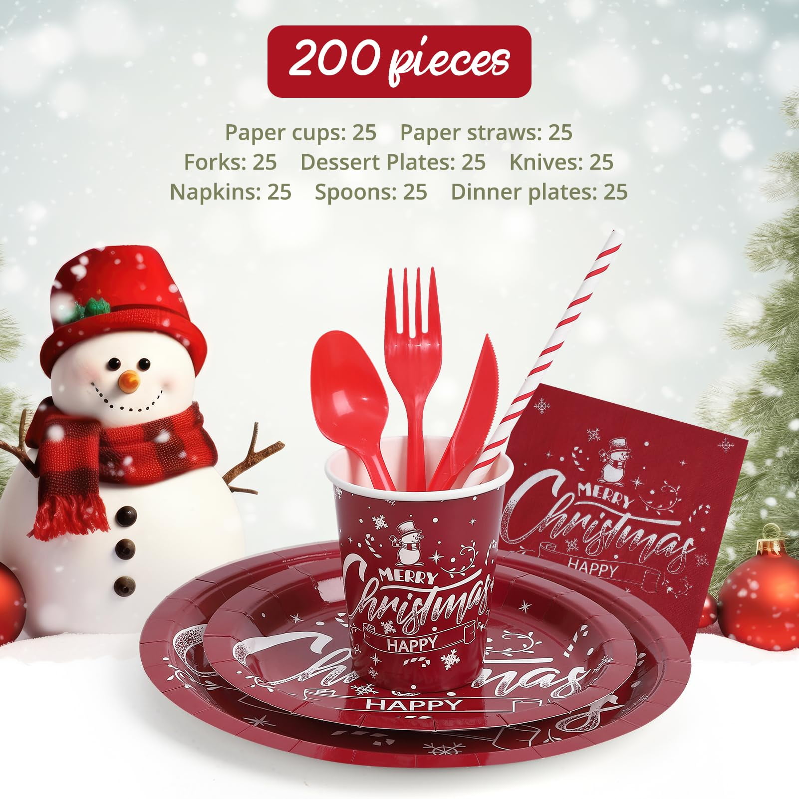  Jinei 250 Pcs Christmas Disposable Dinnerware Set for