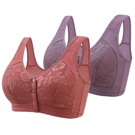 REORIAFEE No Wire Bras for Women 2 Pack Front Closure Gathered Together No Wire Bras Lace embroidery Brassiere Breathable Wide Strap Comfy Corset Underwear Classic Lingerie Purple 48/110