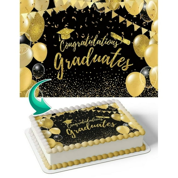 SugarMeLicious Congratulations Graduates Gold Balloons Cake Image Topper, Personalized 1/4 Sheet Graduation Party Banner, Custom Edible Cake Topper for Celebrations