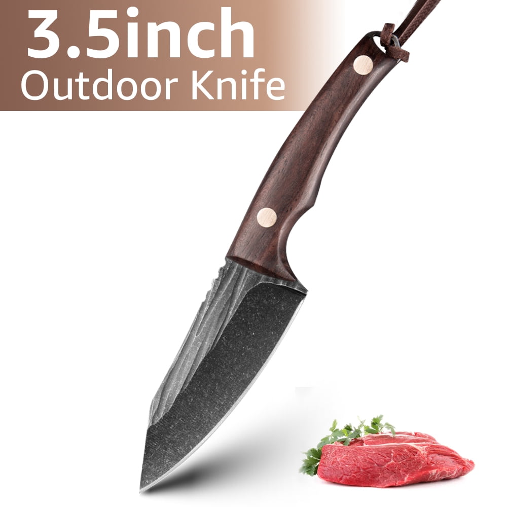 Small Procket Knife 3.5-inch Fixed Blade Knife 2Pcs High Carbon Steel Fruit Meat Butcher Knife Set Full Tang Hunting Knife Wood Handle with Paracord Lanyard,for Outdoor Camping Bushcraft