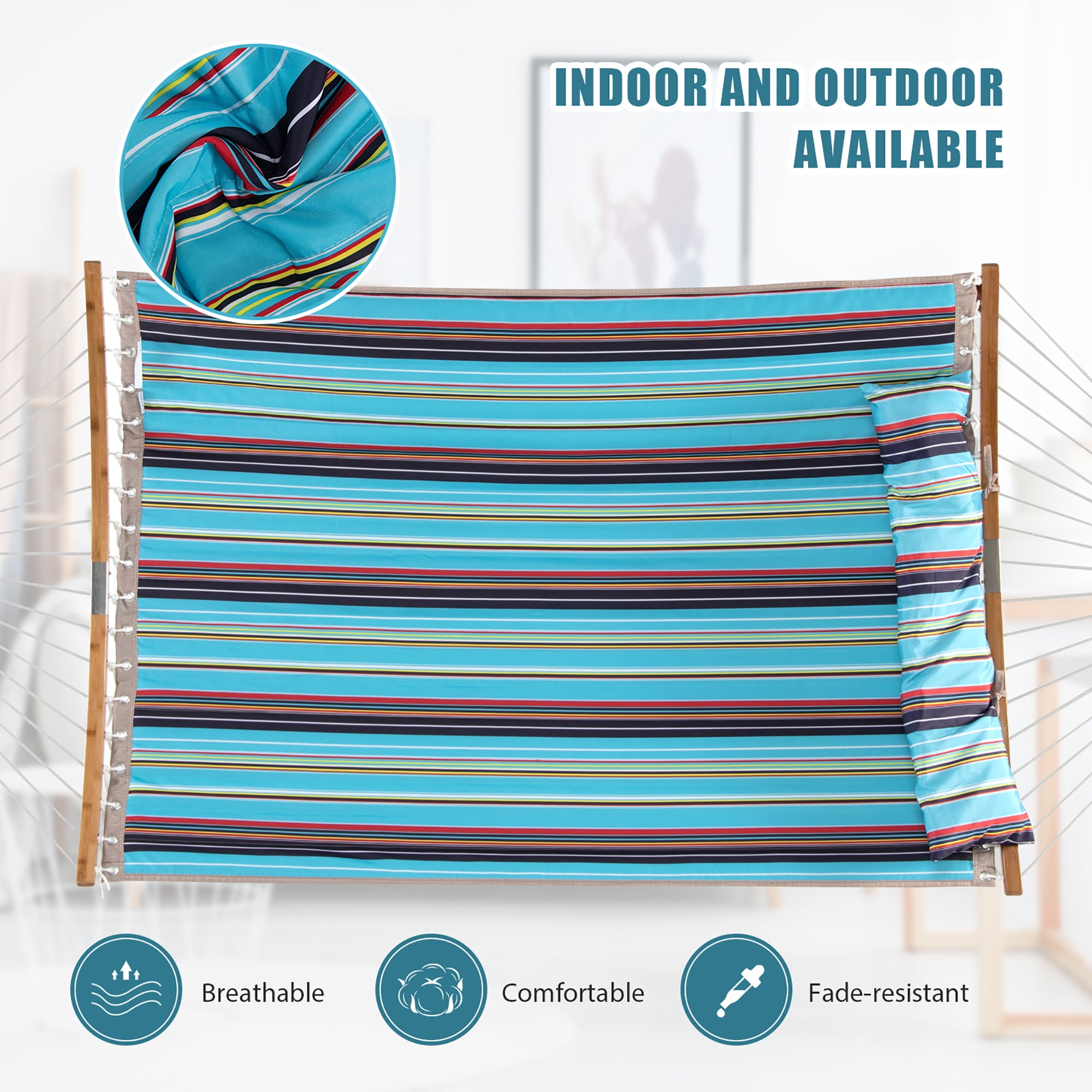 Costway Hammock w/ Pillow Curved Bamboo Spreader Bar Chain Portable Indoor Outdoor Blue