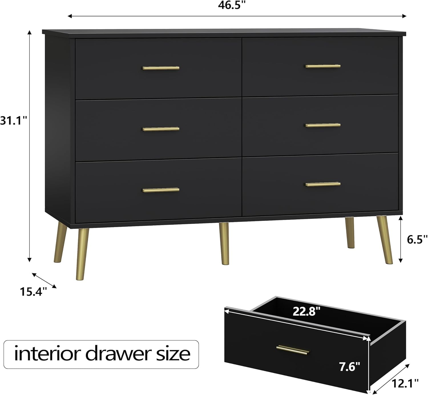FANRAL 6 Drawers Dresser for Bedroom,Wood Modern Chest of Drawers with LED Light,Metal Support Feet,Black Dresser