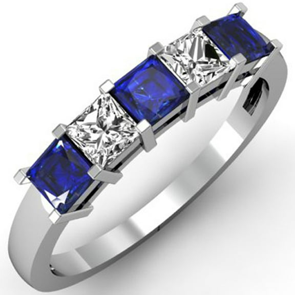 Dazzlingrock Collection 14K Princess Blue Sapphire & White Diamond 5 Stone Bridal Wedding Band Ring, White Gold, Size 5.5