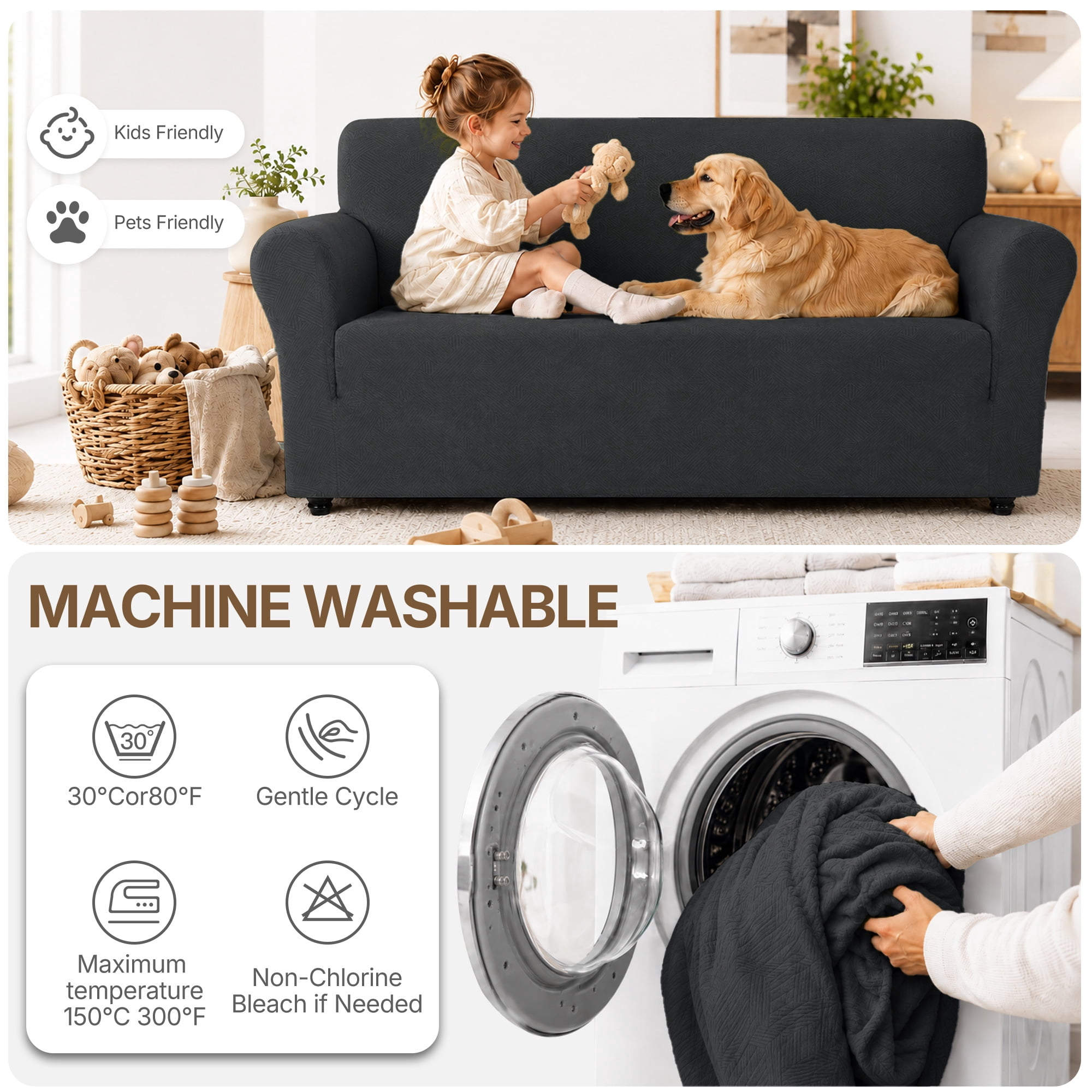 JIATER 1-Piece Sofa Cover Stretch Couch Cover Washable Sofa Slipcover Furniture Protector for Loveseat Sofa,Dark Gray