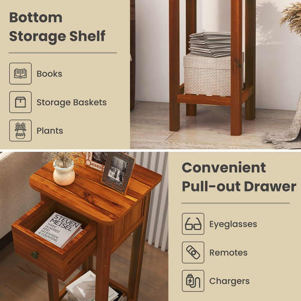 Finihen Side Table, Sofa Side Table, Bed Side Table, 2 Tier Slim Nightstand Bedside Table with Drawer Shelf, for Living Room, Bedroom, Brown