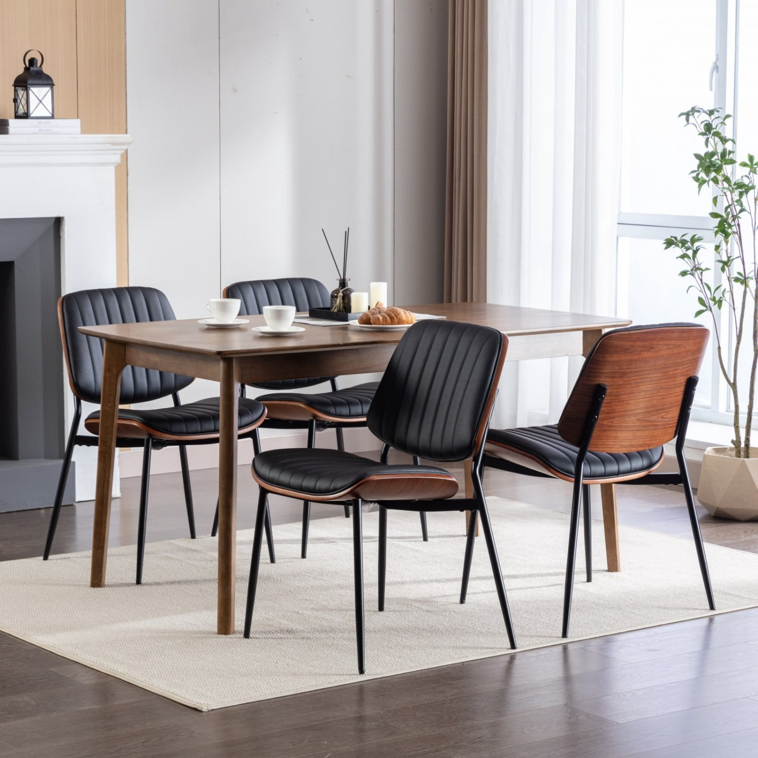 Dining Chairs Set of 2 Mid Century Modern Retro Faux Leather Chairs with Walnut Bentwood Back Upholstered Seat Metal Legs Adjustable Foot Pads Kitchen Dining Room Chairs, Black