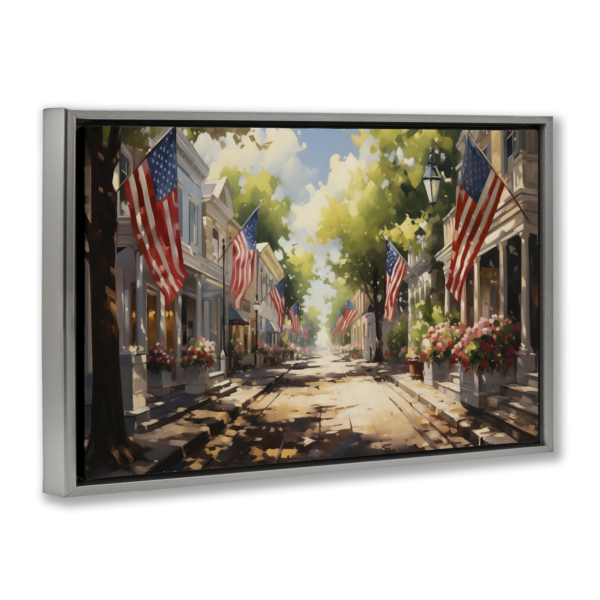 Stupell Industries American Flag Lined Street Scenic & Cityscapes Painting Gray Floater Framed Canvas Art Print Wall Art, 25 x 17