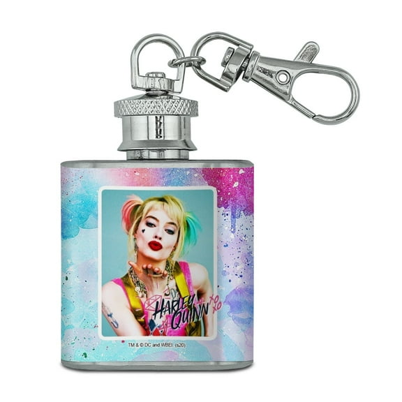 Birds of Prey Harley Quinn Blowing Kisses Stainless Steel 1oz Mini Flask Key Chain