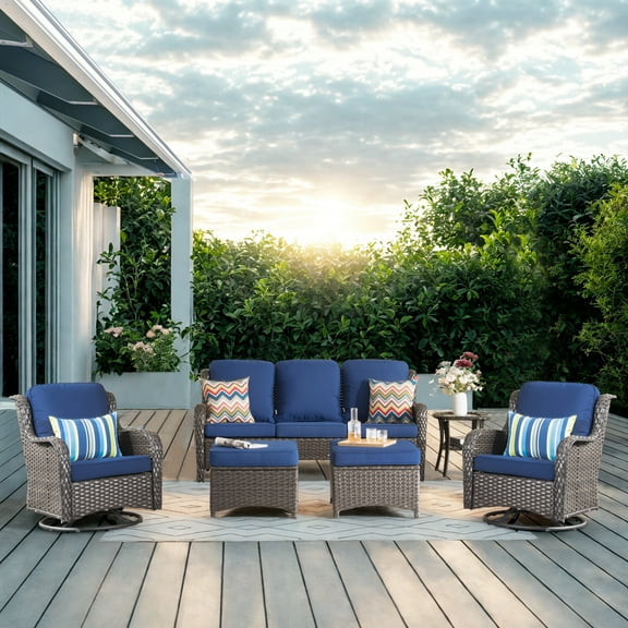 Ovios 6 Pieces Outdoor Patio Furniture Swivel Set Wicker Conversation Sectional with Rocking Chair, Ottomans, Side Table