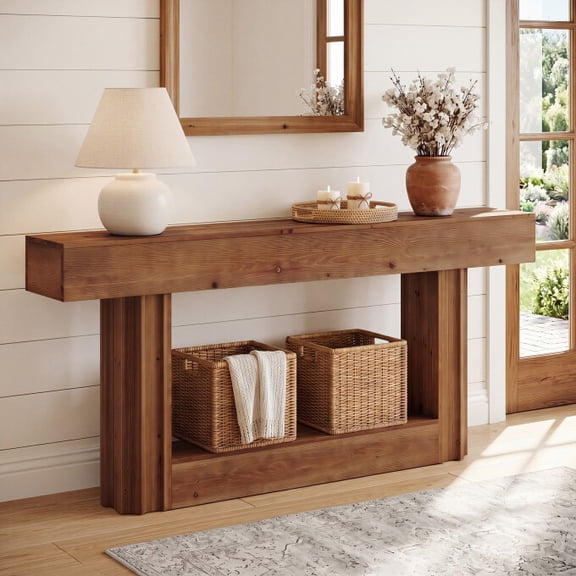 TRIBEWOOD 63" Farmhouse Solid Wood Console Table, 2-tier Long Entryway Table for Living Room, Hallway, Foyer
