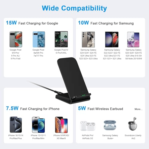 Wireless Charger Samsung Fast Charging Stand for Samsung Galaxy S25 S24 Ultra S24+ S24 S23 FE S22 S21 S20 S10, 15W Android Phone Wireless Charger Stand for Pixel 9 Pro XL Fold 8a 7 Pro, iPhone 16 15